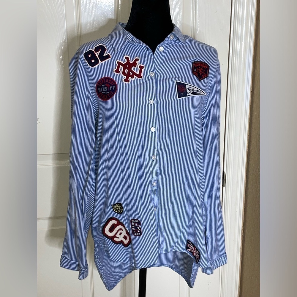 SUPERDRY Womens Longline Shirt Patchwork Medium Blue Striped Viscose​​​​​​​​​